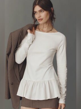 Maeve Ivory Long-Sleeve Peplum Top